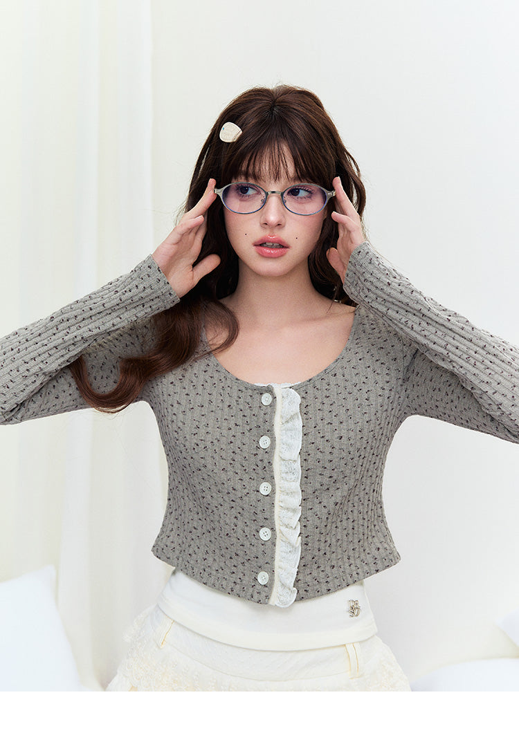Knitted Floral Slim Cardigan With Ruffled Placket
