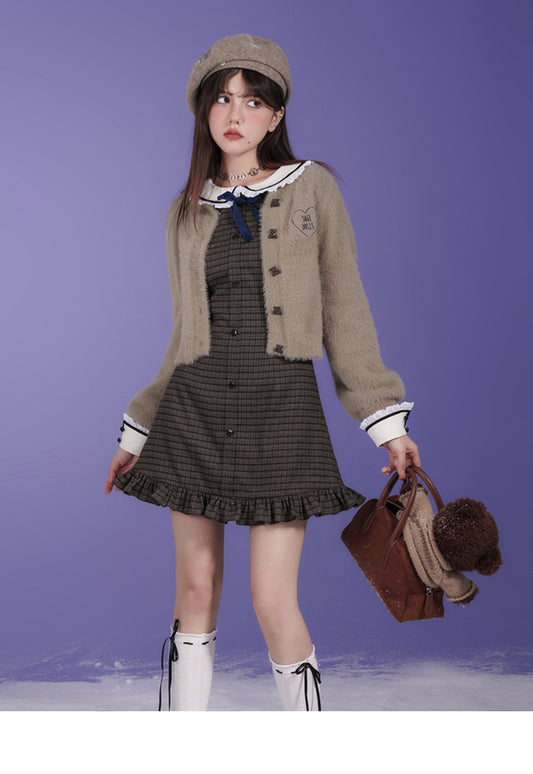Doll Collar Plaid Mini Dress And Teddy Bear Cardigan
