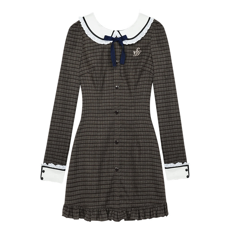 Doll Collar Plaid Mini Dress And Teddy Bear Cardigan