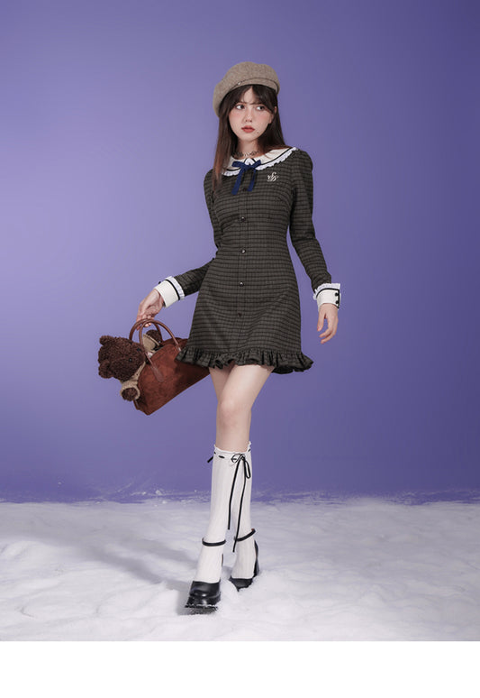 Doll Collar Plaid Mini Dress And Teddy Bear Cardigan