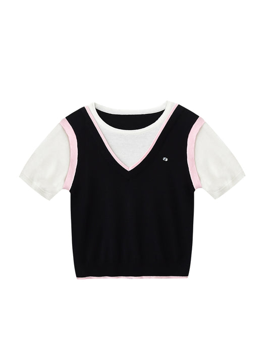 Faux Layered Color Block Vest T-Shirt