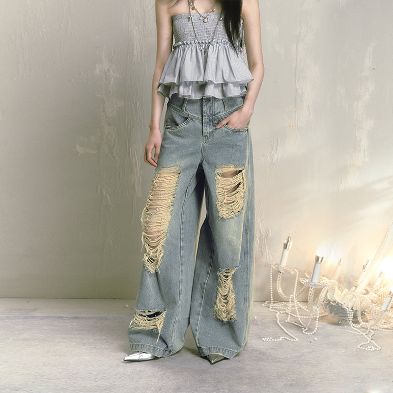 Fringed V-Waist Wide-Leg Washed Or Distressed Jeans