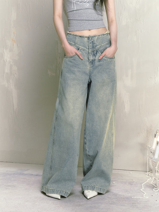 Fringed V-Waist Wide-Leg Washed Or Distressed Jeans