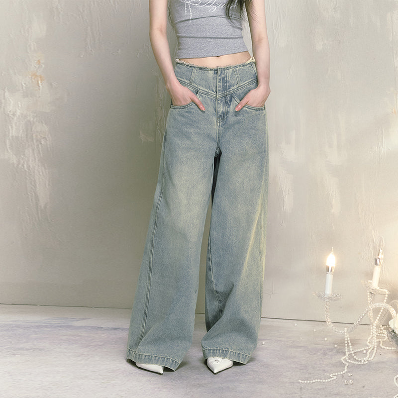 Fringed V-Waist Wide-Leg Washed Or Distressed Jeans