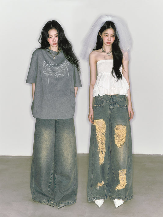 Fringed V-Waist Wide-Leg Washed Or Distressed Jeans