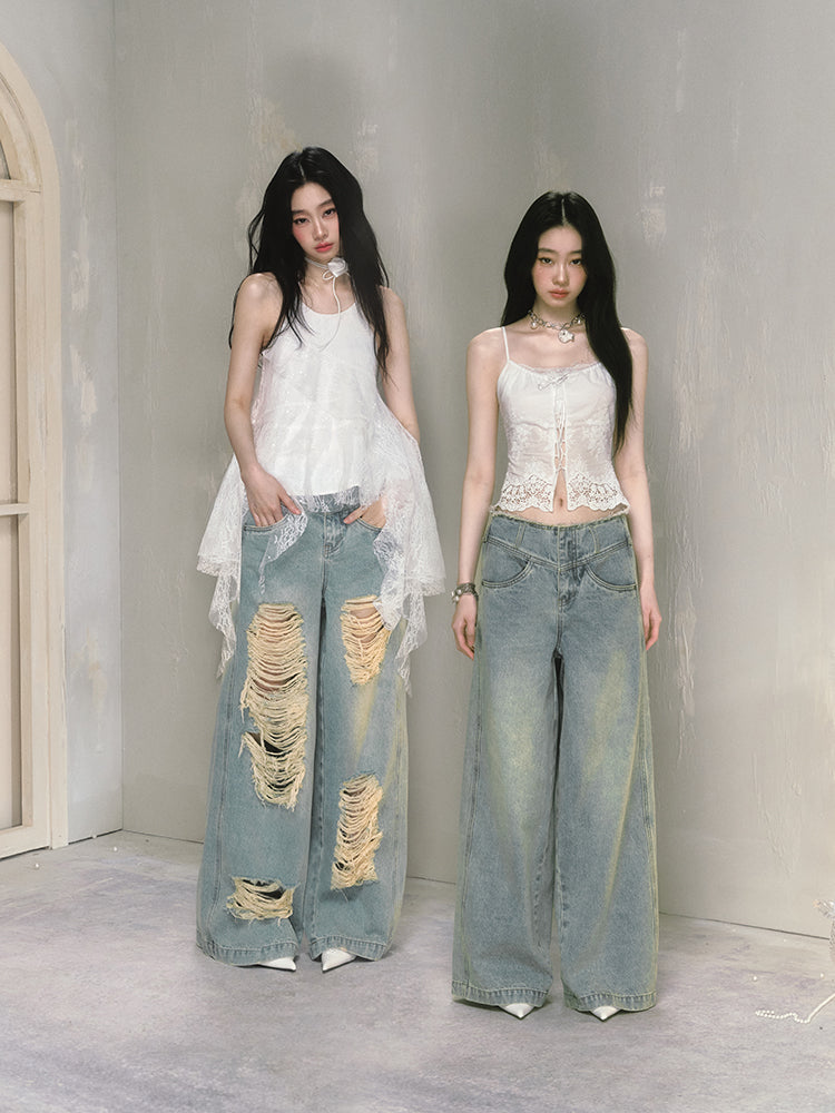 Fringed V-Waist Wide-Leg Washed Or Distressed Jeans