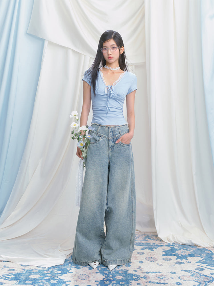 Fringed V-Waist Wide-Leg Washed Or Distressed Jeans