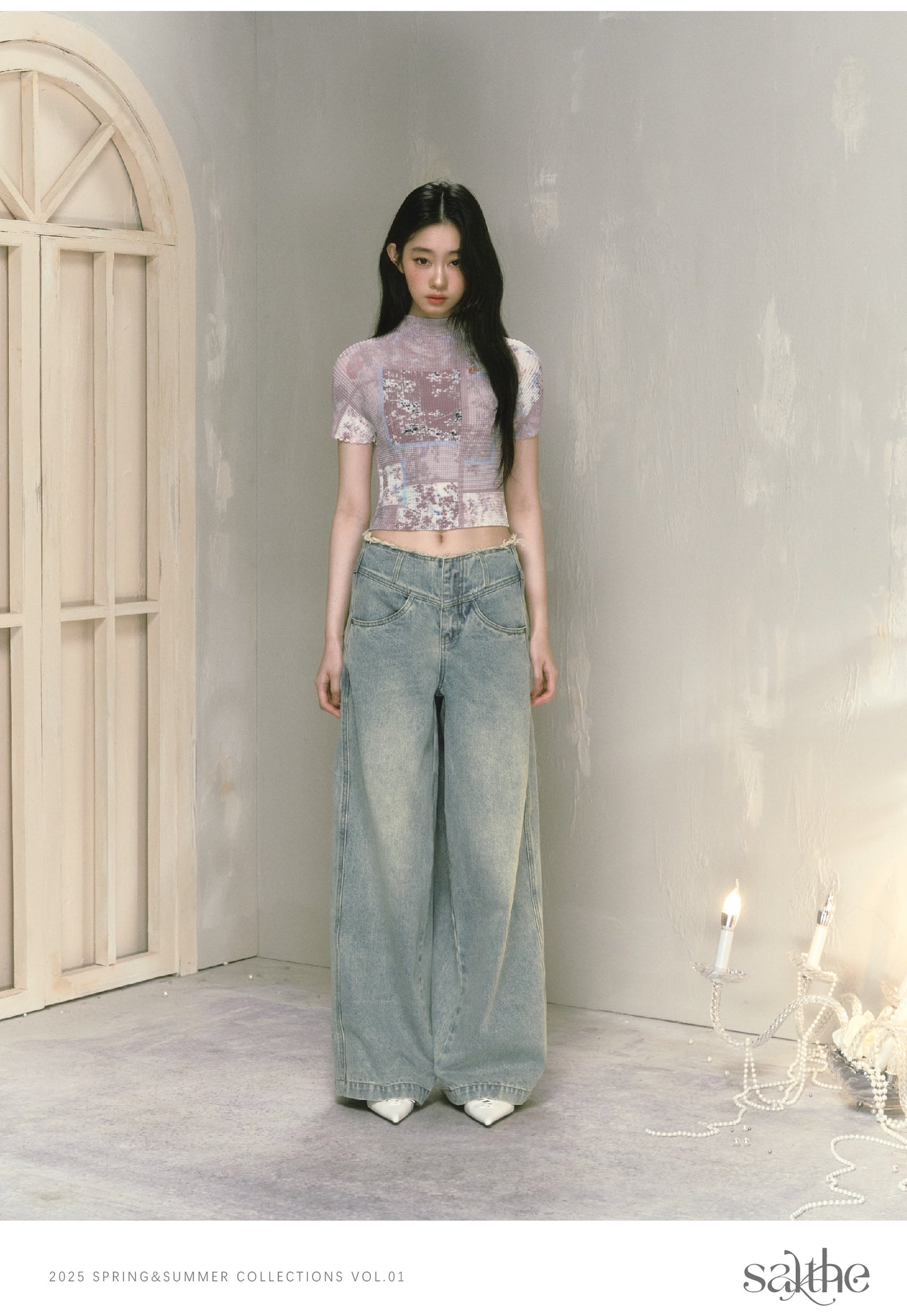 Fringed V-Waist Wide-Leg Washed Or Distressed Jeans