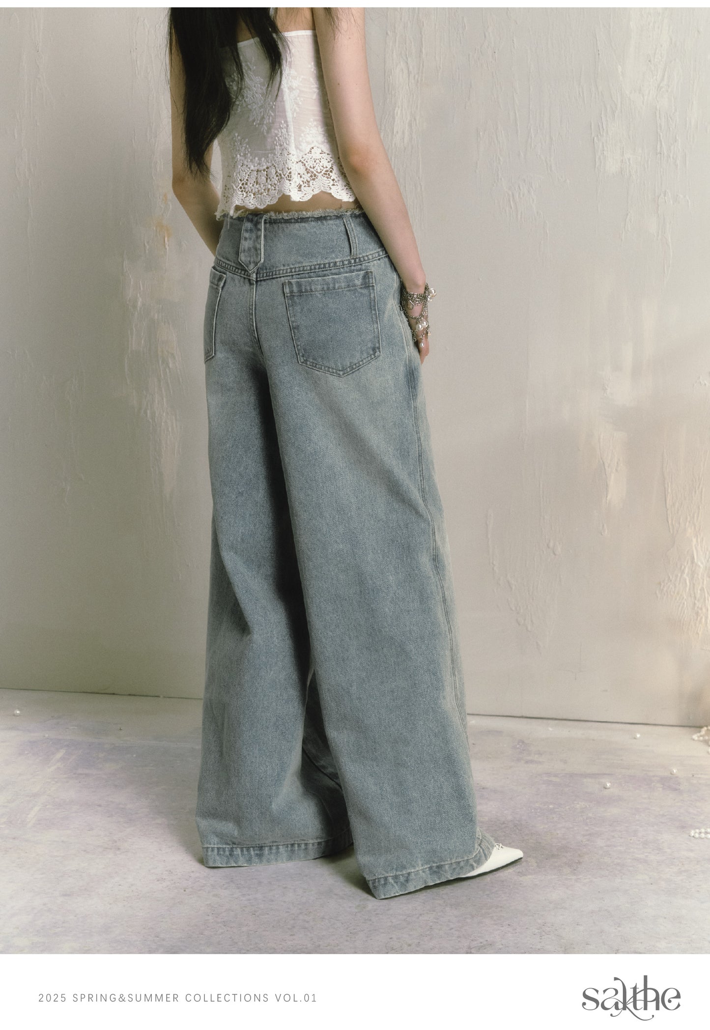 Fringed V-Waist Wide-Leg Washed Or Distressed Jeans