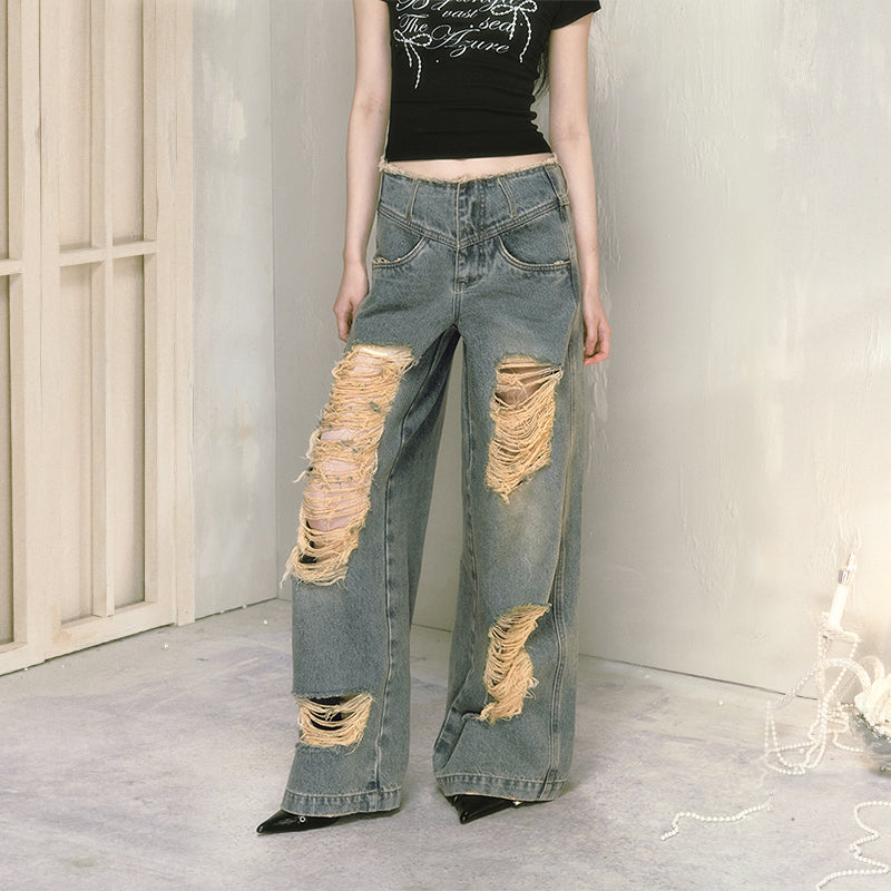 Fringed V-Waist Wide-Leg Washed Or Distressed Jeans