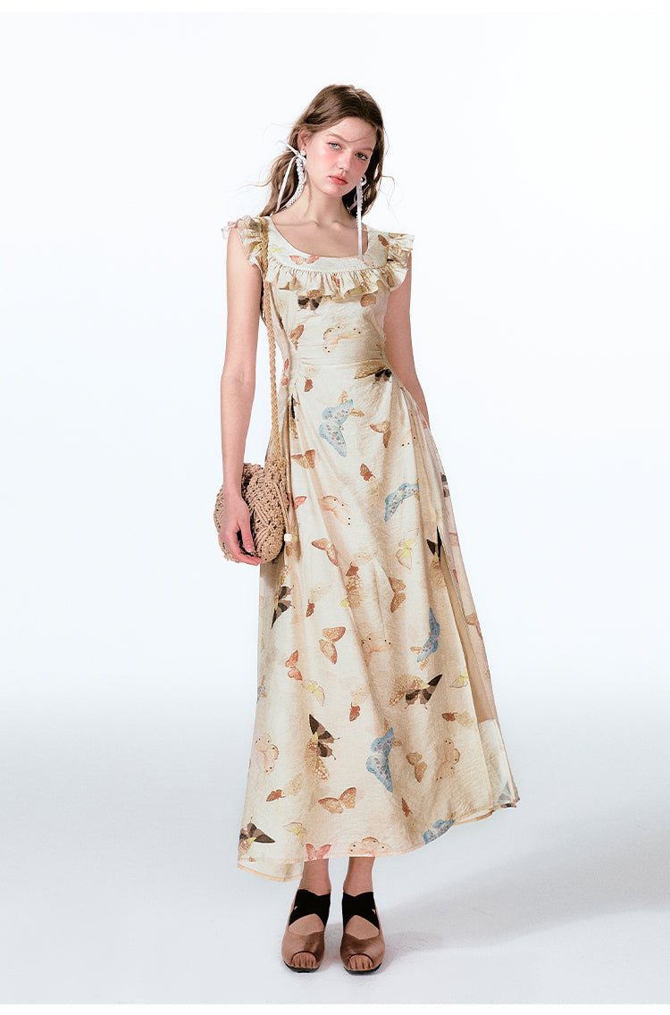 Frilled V-Back Butterfly Print Maxi Dress