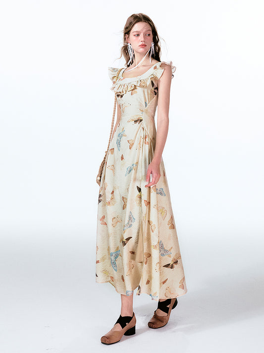 Frilled V-Back Butterfly Print Maxi Dress