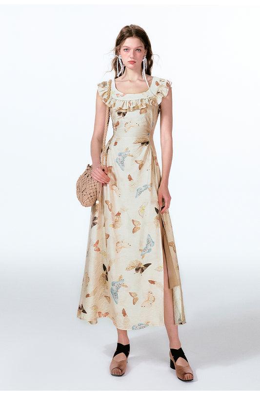 Frilled V-Back Butterfly Print Maxi Dress