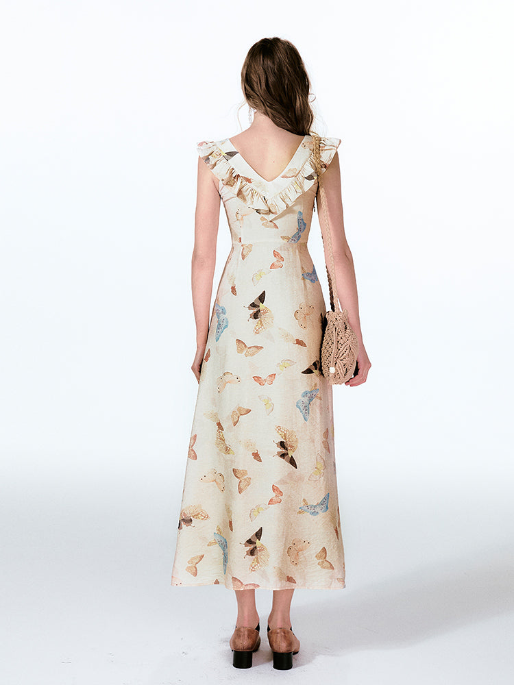 Frilled V-Back Butterfly Print Maxi Dress