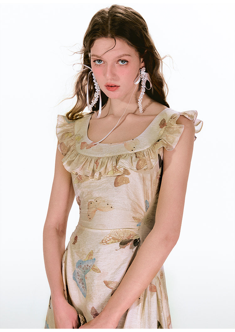 Frilled V-Back Butterfly Print Maxi Dress