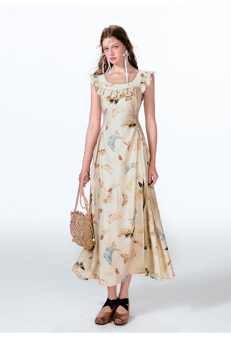 Frilled V-Back Butterfly Print Maxi Dress