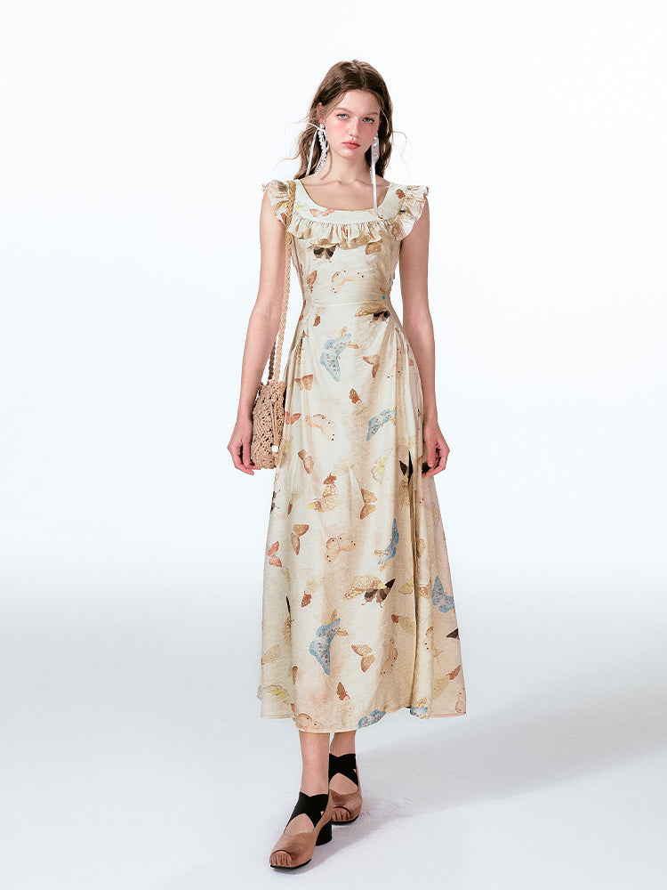 Frilled V-Back Butterfly Print Maxi Dress