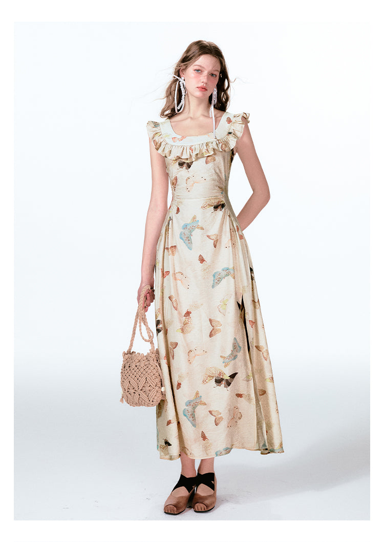 Frilled V-Back Butterfly Print Maxi Dress