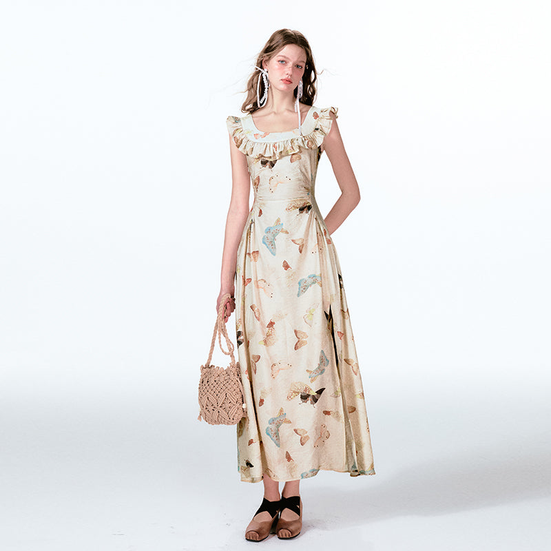 Frilled V-Back Butterfly Print Maxi Dress