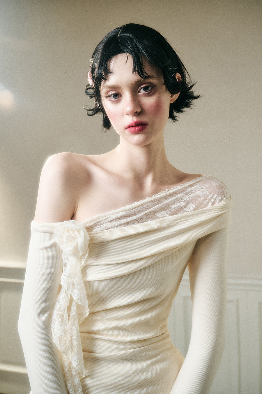 Asymmetric One-Shoulder Fitted Top And Lace Skirt