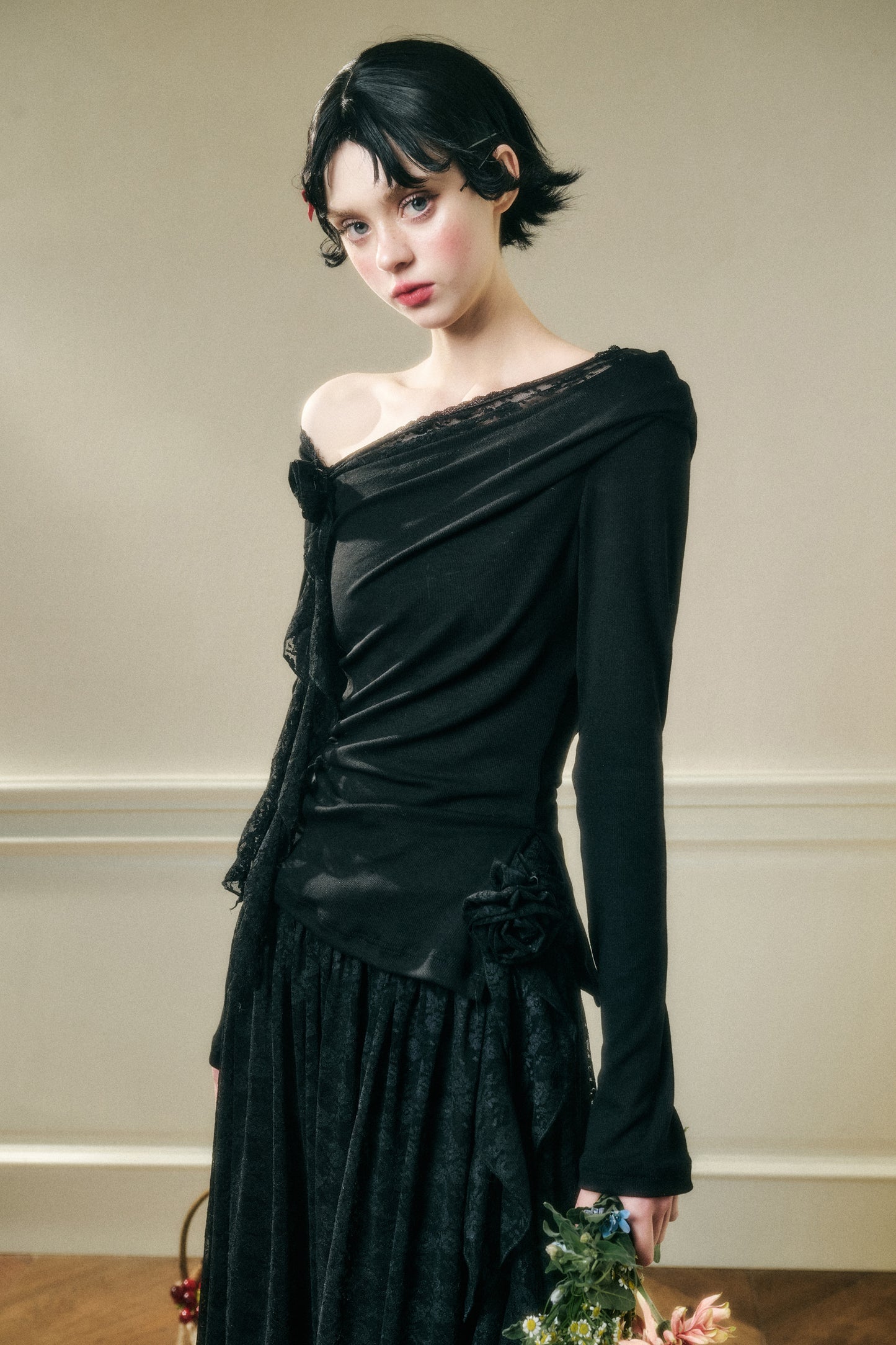 Asymmetric One-Shoulder Fitted Top And Lace Skirt