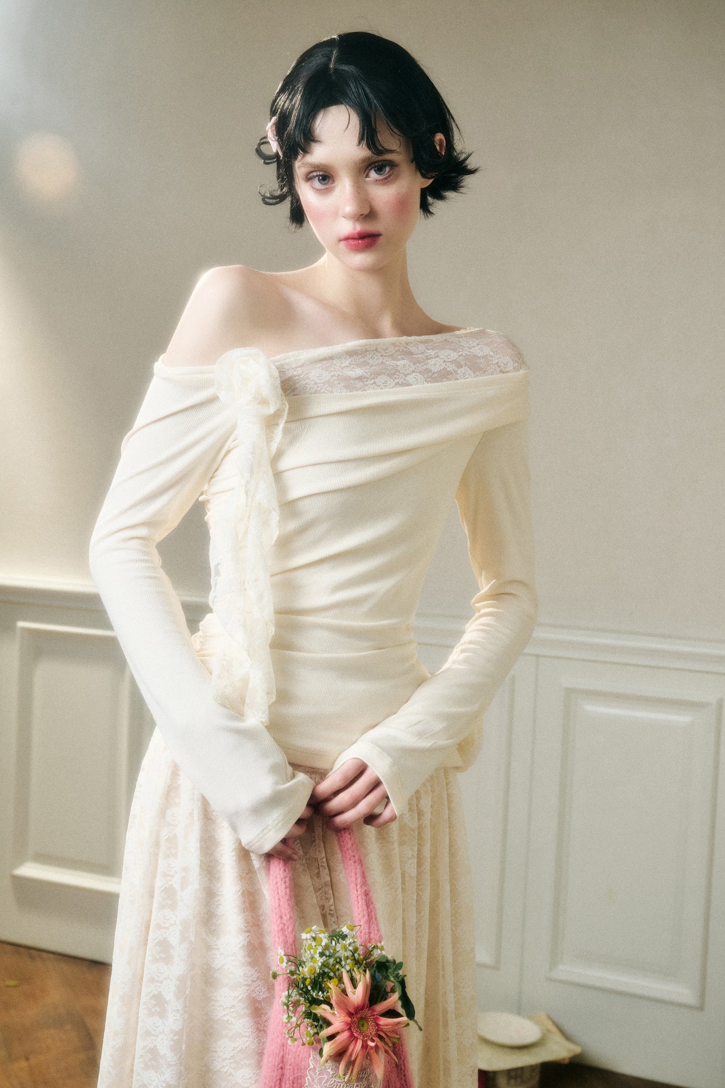 Asymmetric One-Shoulder Fitted Top And Lace Skirt