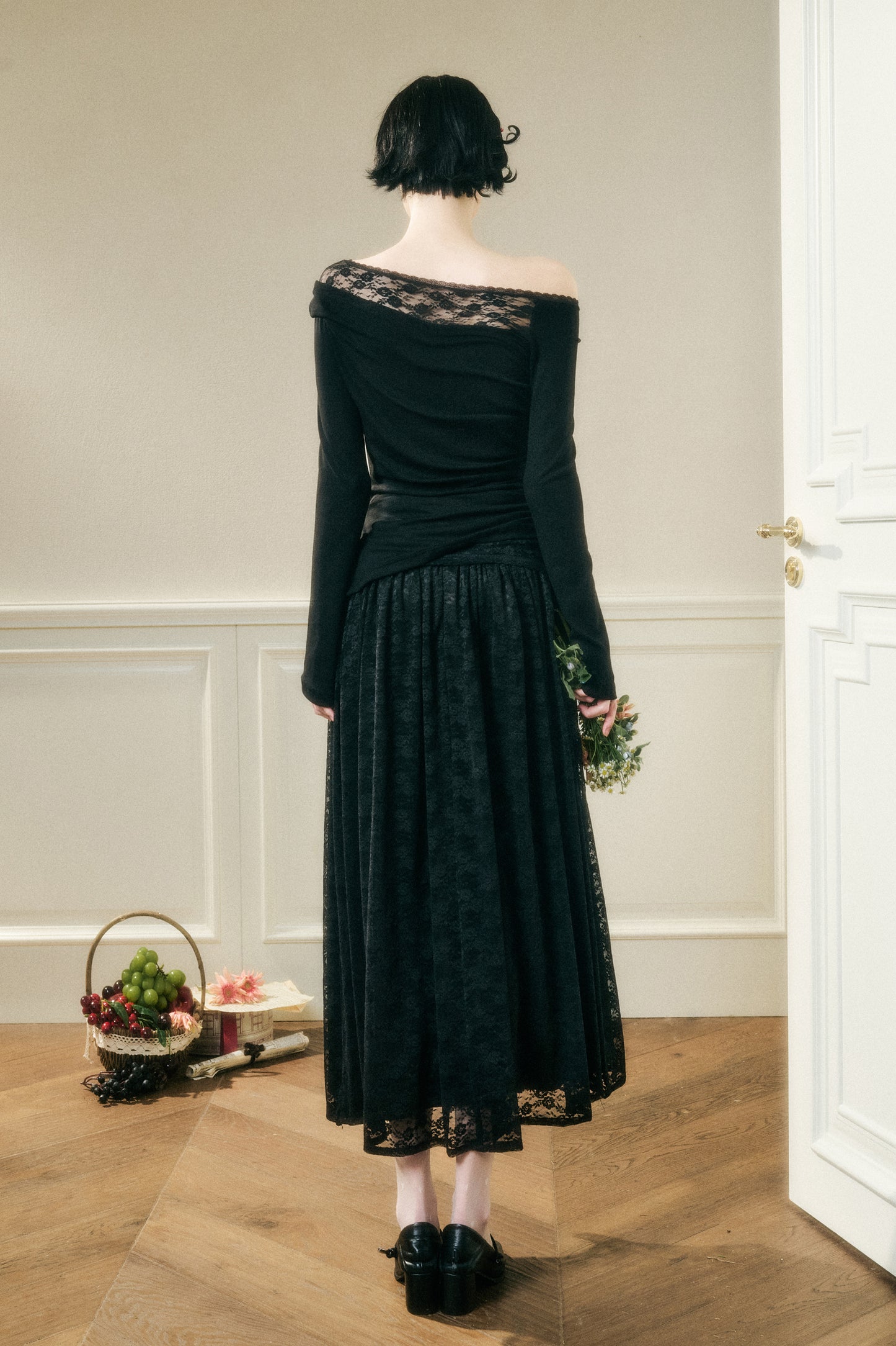 Asymmetric One-Shoulder Fitted Top And Lace Skirt