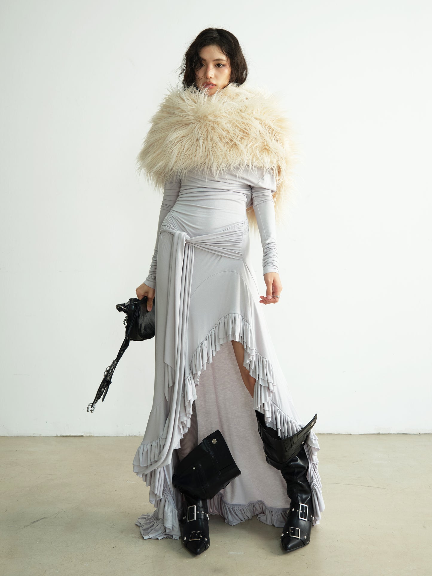 Two-Way Shoulder Asymmetric Ruffled Hem Dress