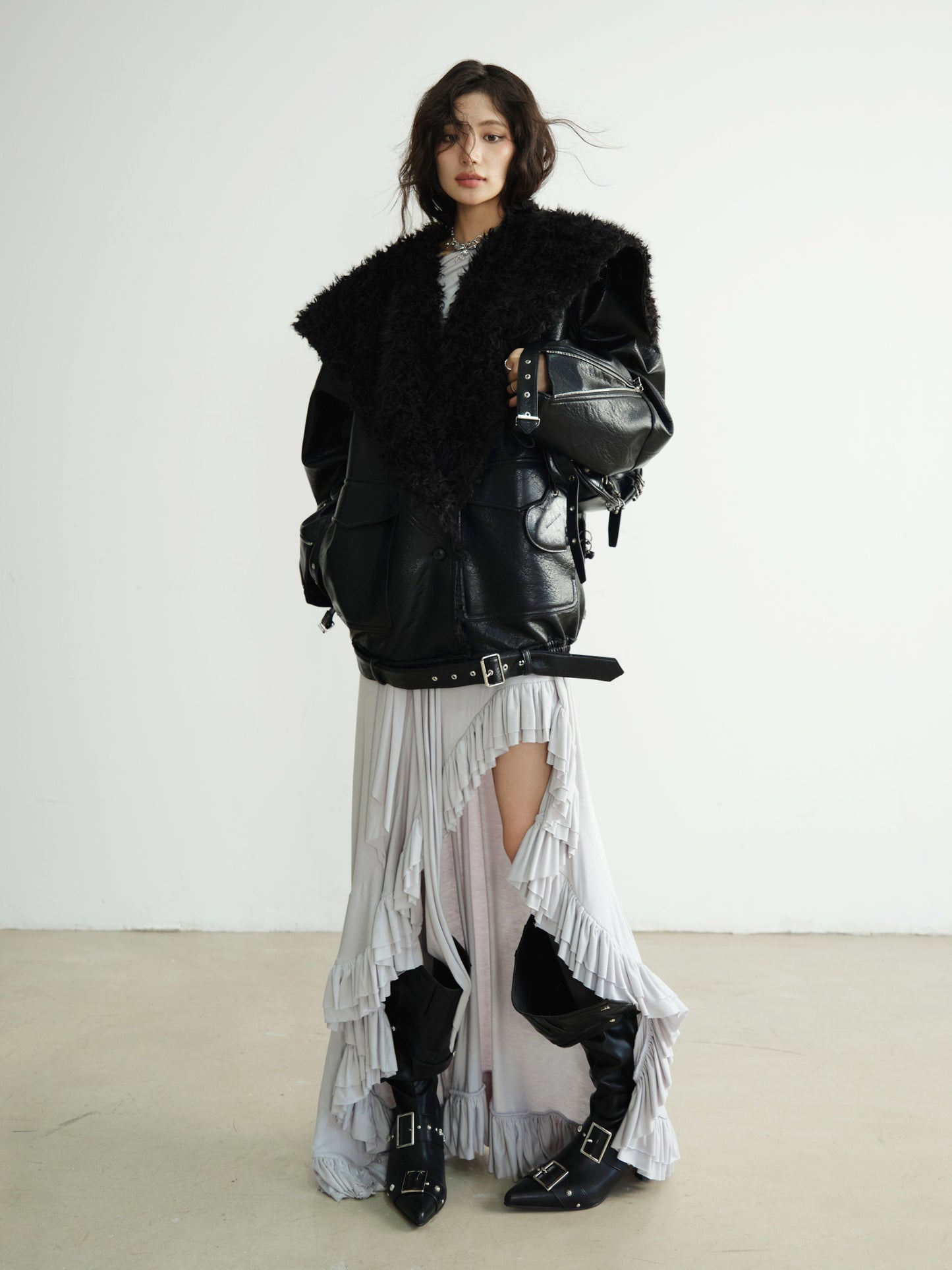 Two-Way Shoulder Asymmetric Ruffled Hem Dress