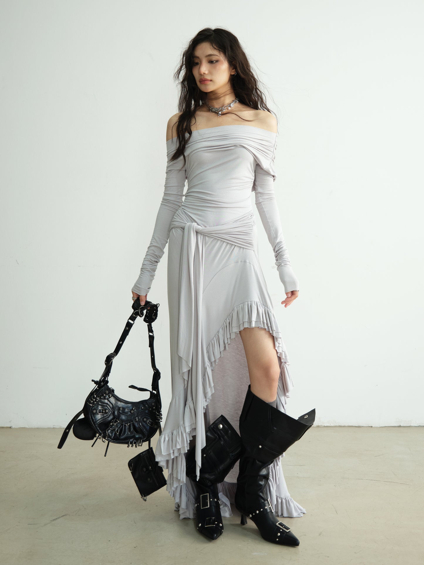 Two-Way Shoulder Asymmetric Ruffled Hem Dress