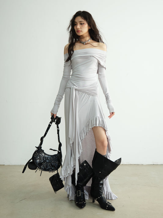 Two-Way Shoulder Asymmetric Ruffled Hem Dress