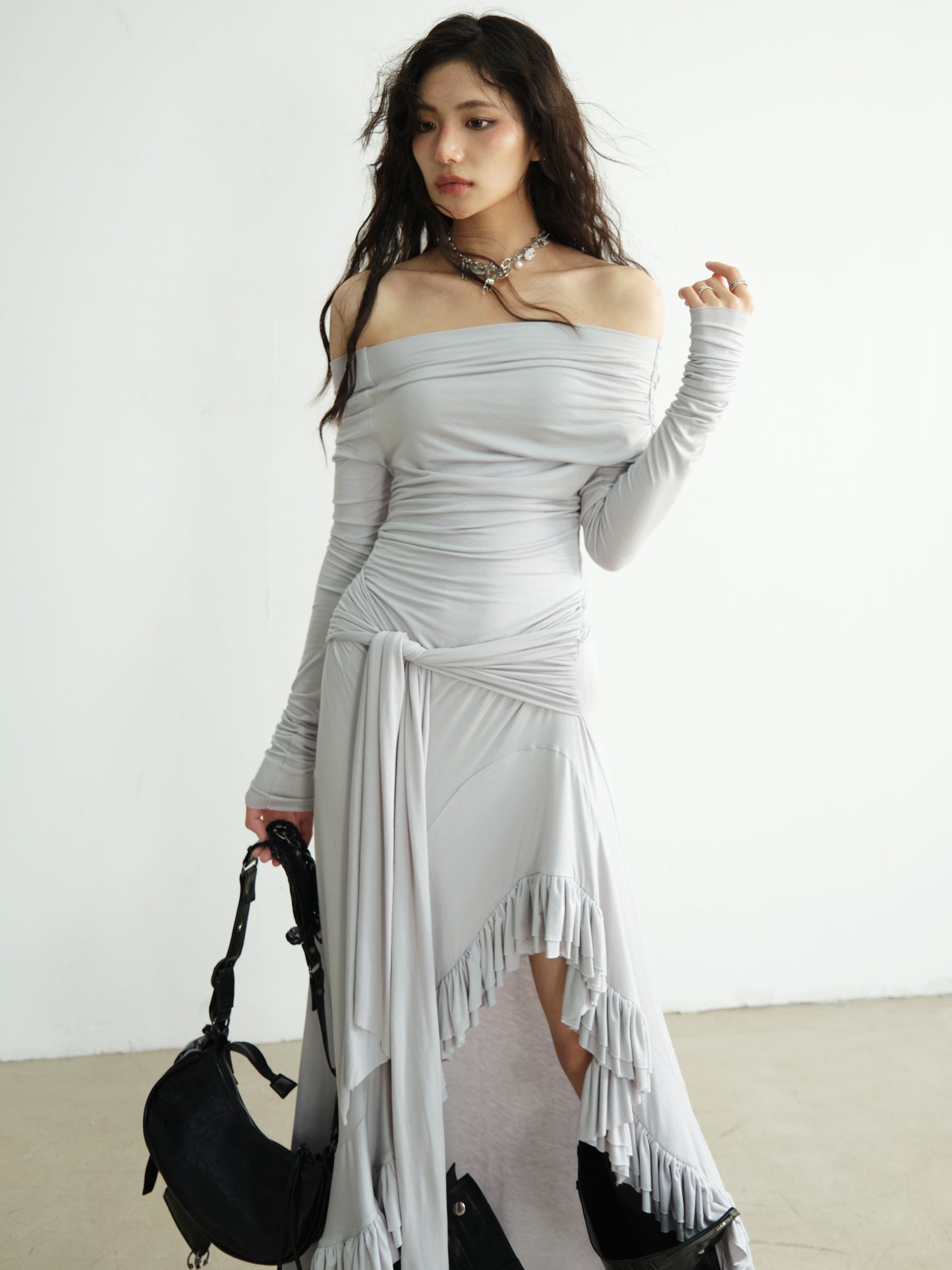 Two-Way Shoulder Asymmetric Ruffled Hem Dress