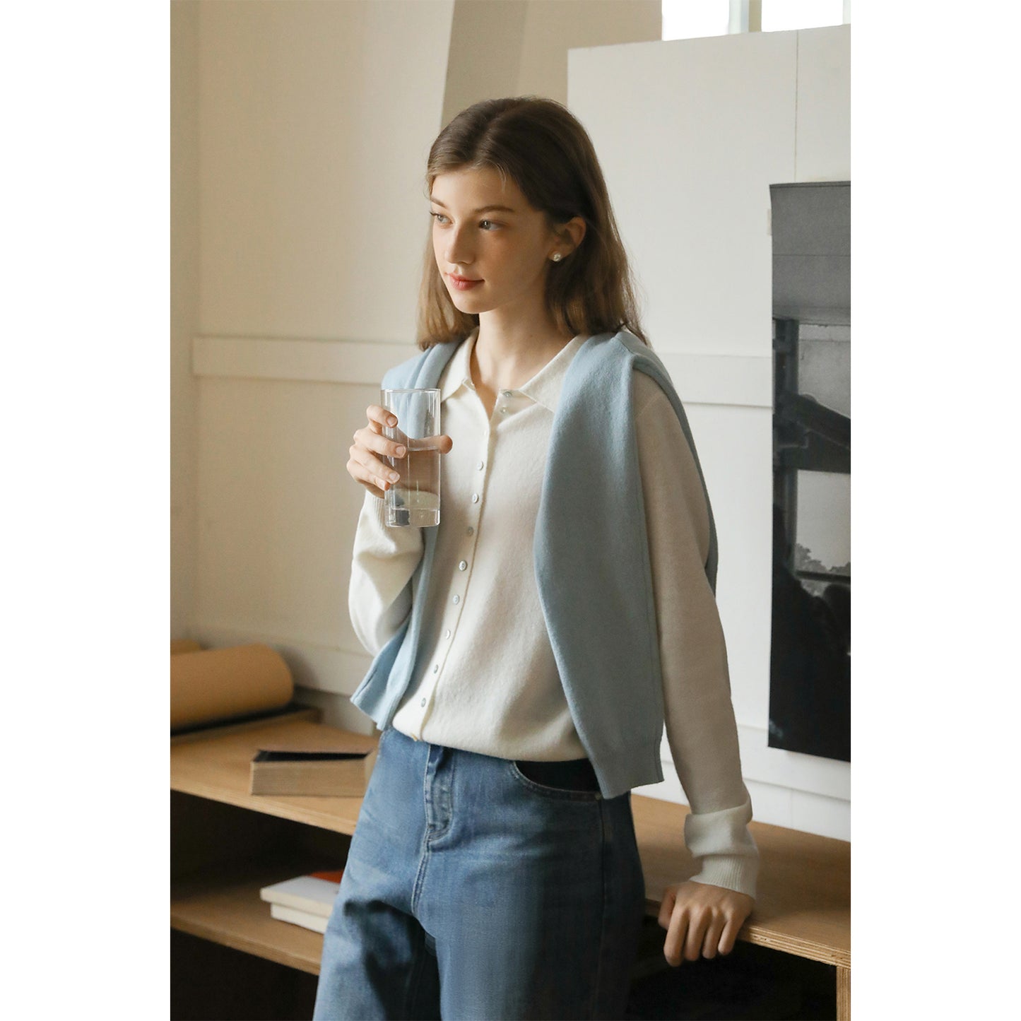 Buttoned Wool Knit Top With Flat Collar