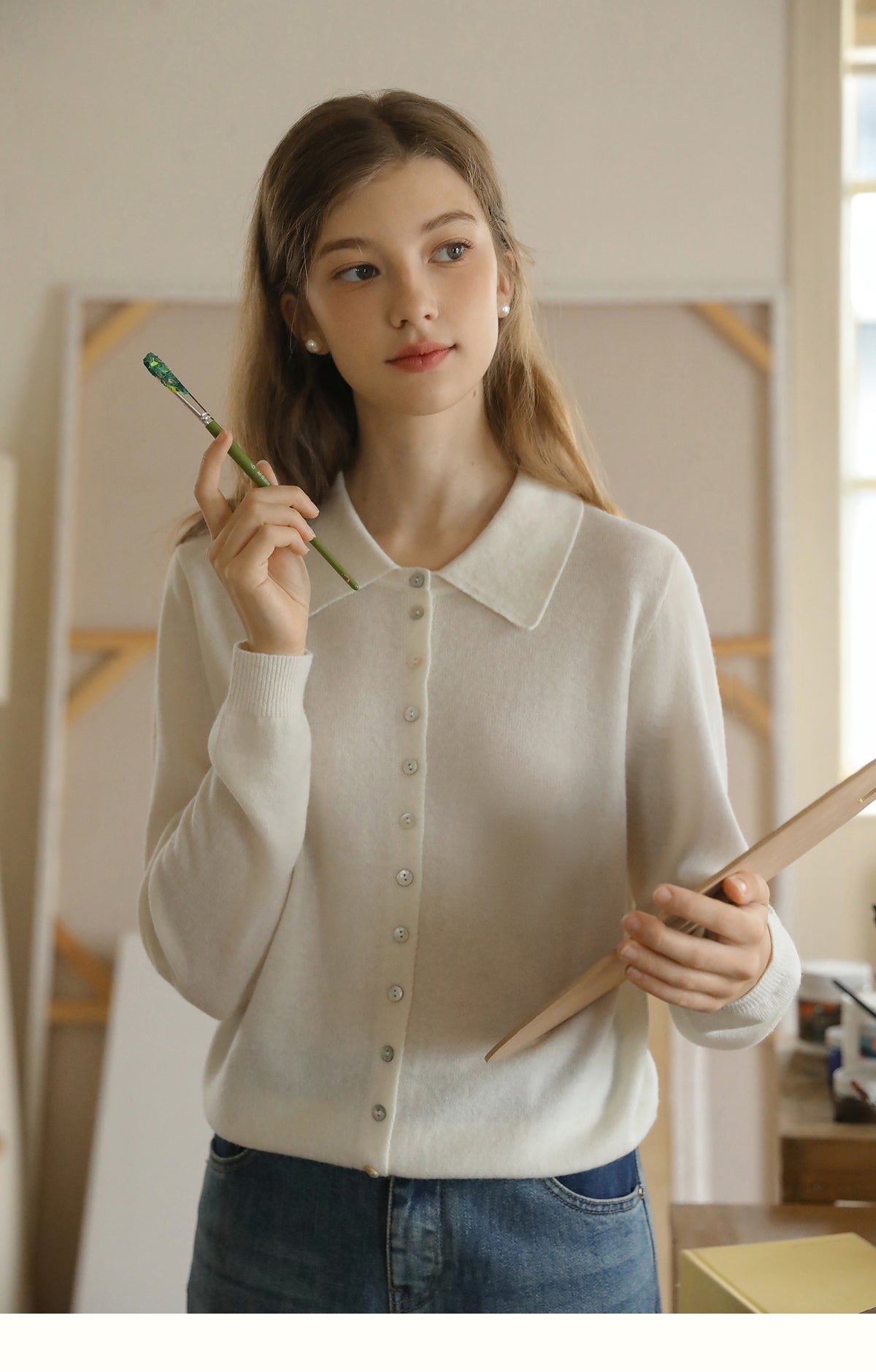 Buttoned Wool Knit Top With Flat Collar
