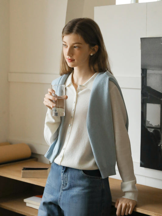 Buttoned Wool Knit Top With Flat Collar