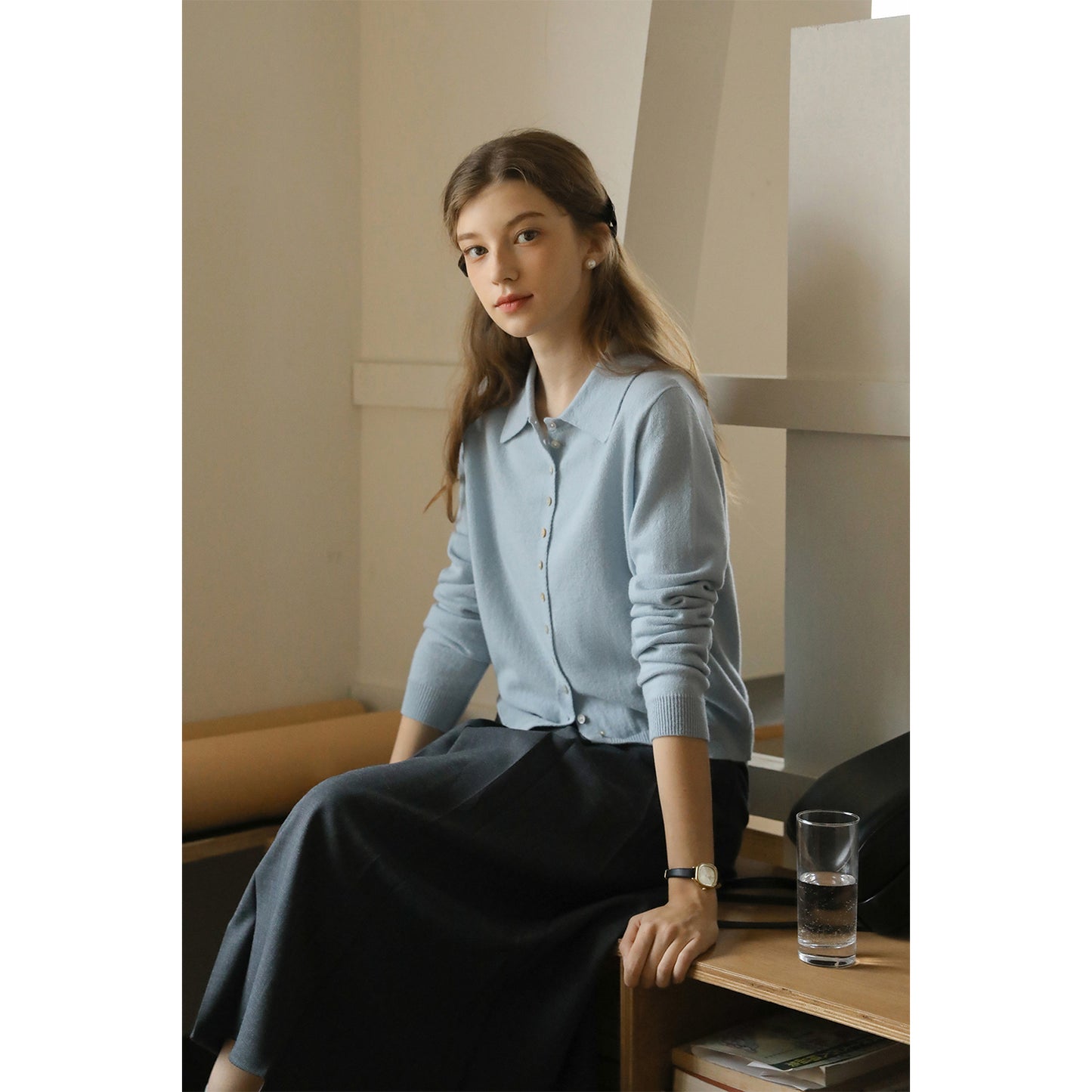 Buttoned Wool Knit Top With Flat Collar