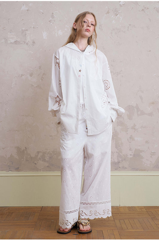 Floral Embroidered Pants With Beaded Drawstring