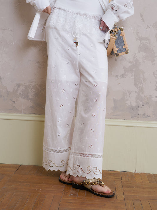 Floral Embroidered Pants With Beaded Drawstring