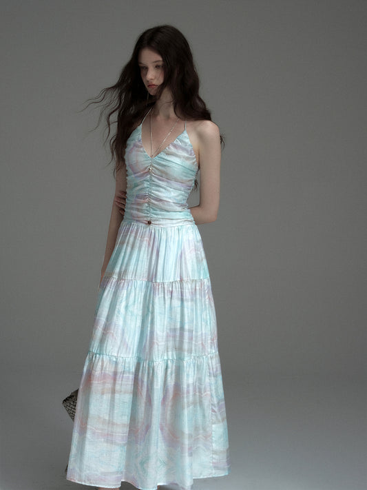 Printed Ruched Dress With Spaghetti Halter Strap