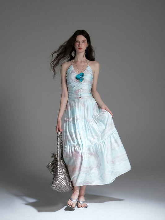 Printed Ruched Dress With Spaghetti Halter Strap