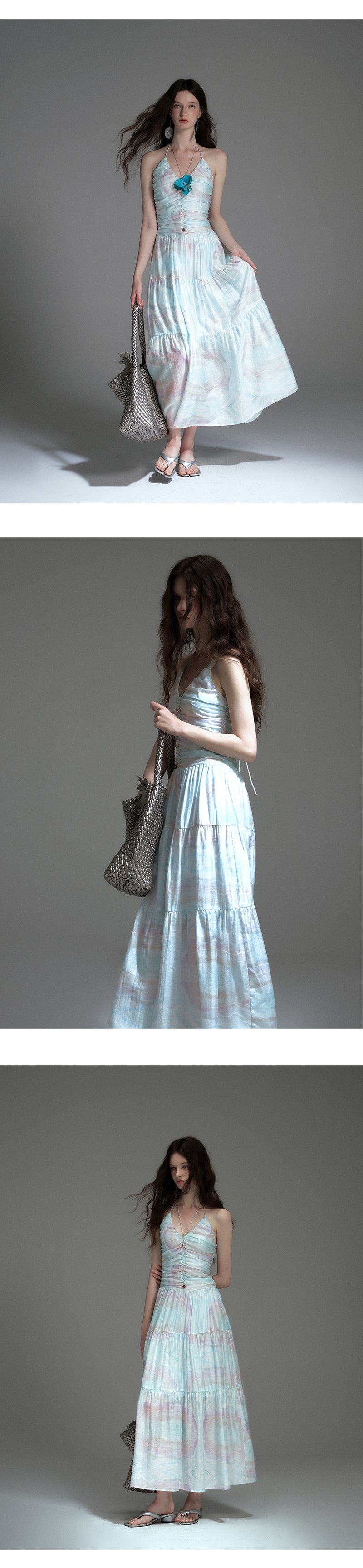 Printed Ruched Dress With Spaghetti Halter Strap