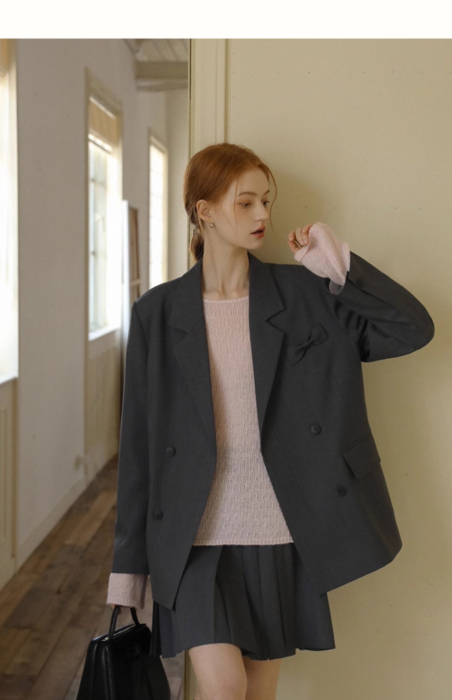 Chic Bow Detail Blazer & Belted Pleated Skirt