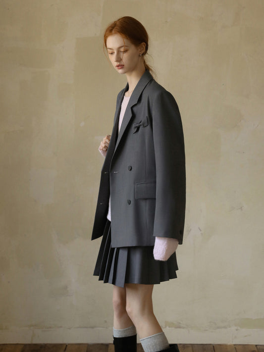 Chic Bow Detail Blazer & Belted Pleated Skirt