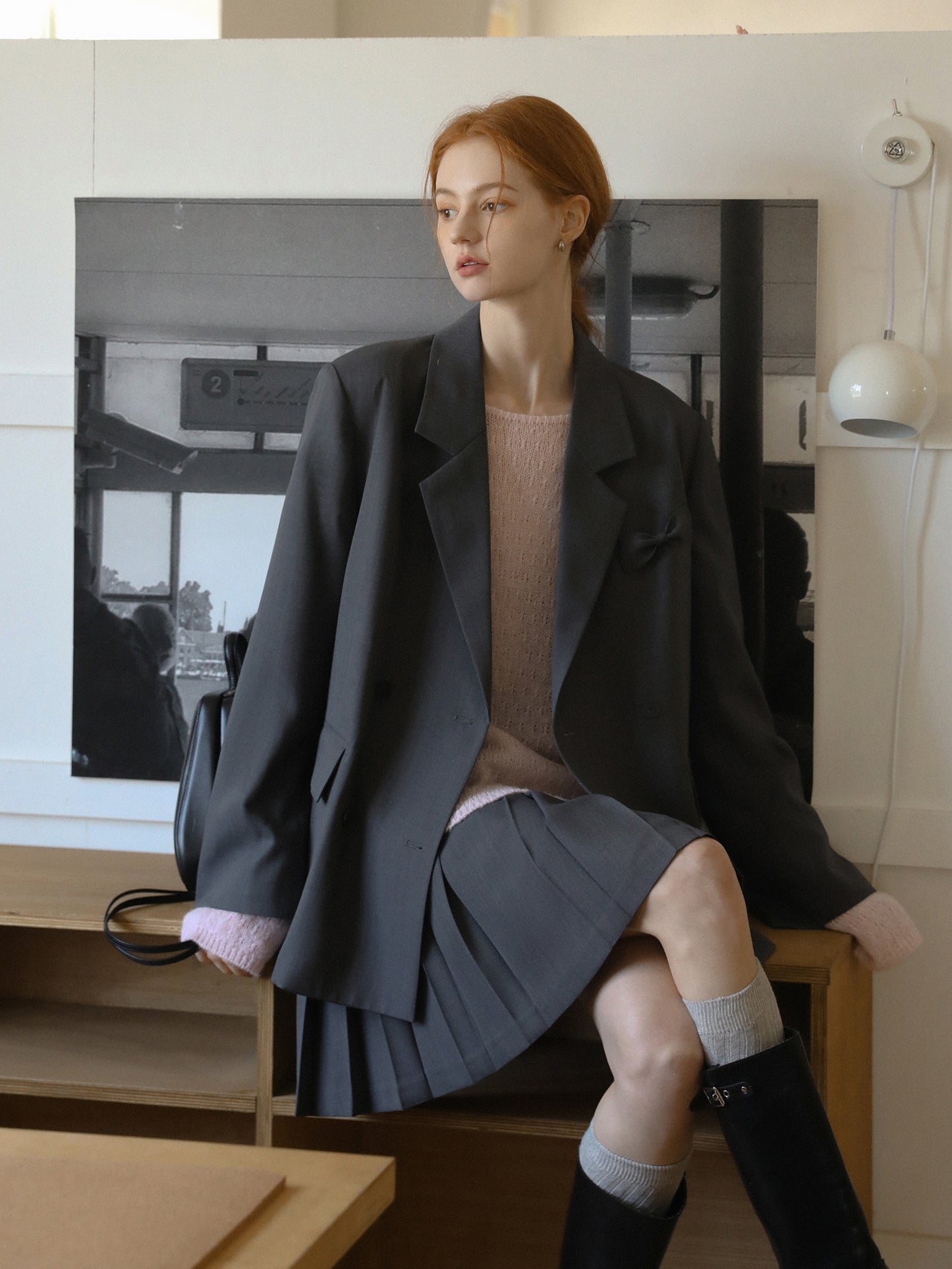 Chic Bow Detail Blazer & Belted Pleated Skirt