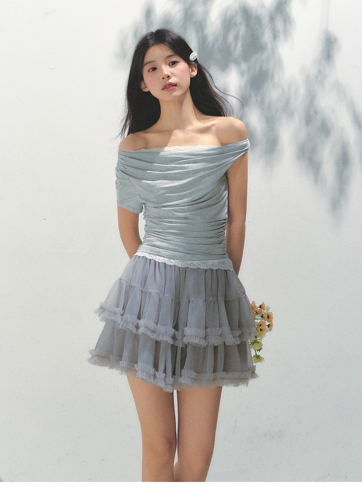 Faux Layered Draped One Shoulder Top