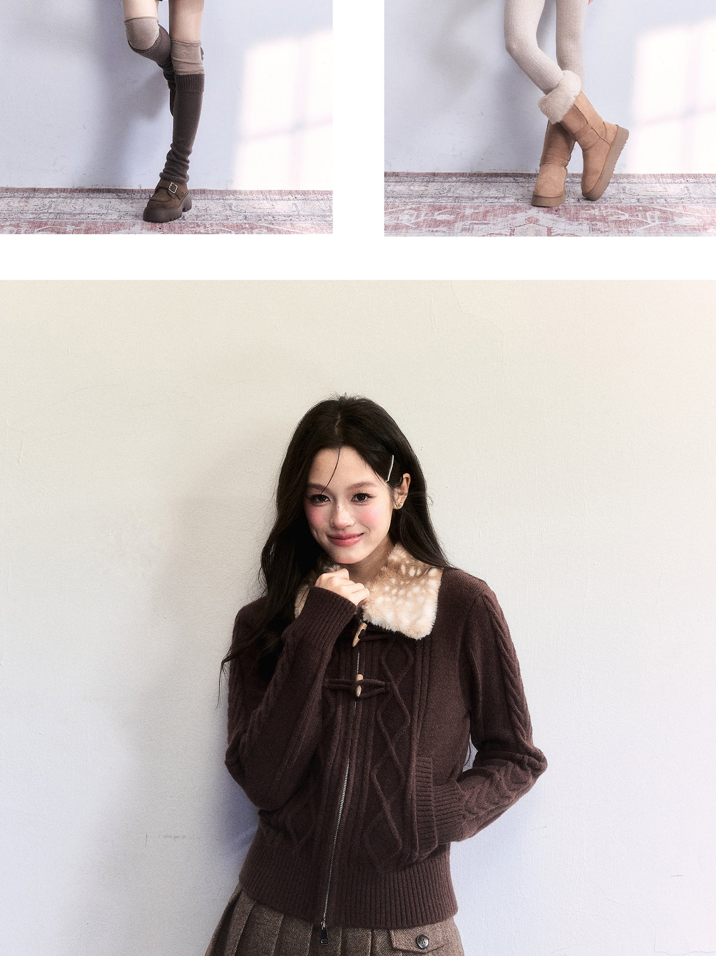 Zip-Up Knit With Fawn Fur Collar