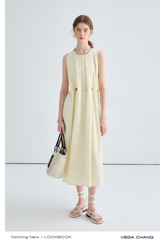 Sleeveless Gathered Dress With Beaded Rope Belt