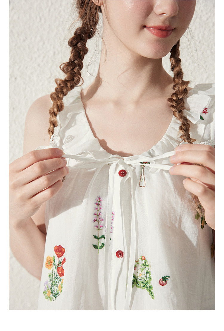 Floral Embroidered Sleeveless Top & Airy Skirt