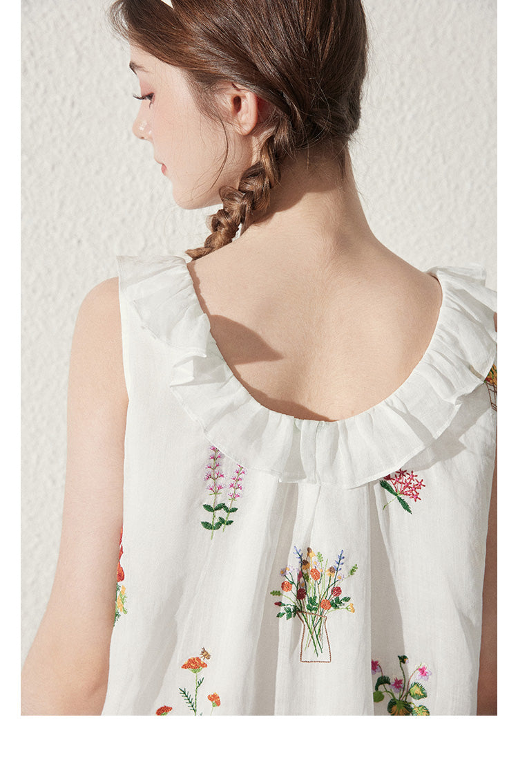 Floral Embroidered Sleeveless Top & Airy Skirt