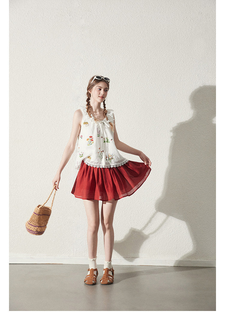 Floral Embroidered Sleeveless Top & Airy Skirt